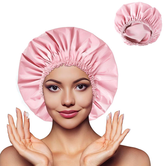 Shower Cap for Women, Double Layer Waterproof Bath Cap, Reusable Hair Protector, Large Waterproof Shower Bonnet Washable Elastic Band Bath Hair Hat for Long Hair, Braids, - Pink