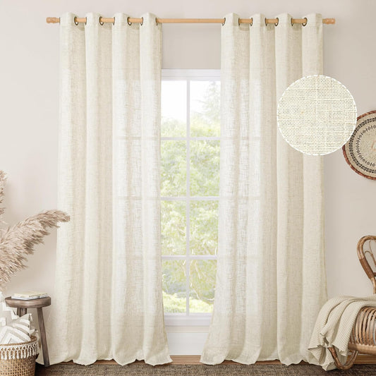 Natural Ivory Linen Semi Sheer Curtains 84 inch Length, Cream Light Filtering Soft Thick Neutral Living Room Drapes with Bronze Grommet for Bedroom/Farmhouse, 2 Panels, 52 x 84 Inch
