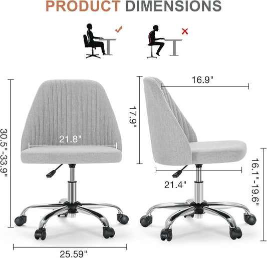 Office Chair, Comfy Desk Chair Rolling Vanity Swivel Task Chairs with Wheels, Wide Seating Armless Height Adjustable Computer Chairs for Home,Bedroom,Student,Adults, Classic Grey