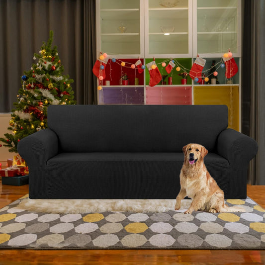 Stretch Sofa Cover Slipcover ,Couch Covers for 3 Cushion Couch Sofa pet Friendly (78"-94") Furniture Protector Sofa with Elastic Bottom for Kids,Dog, Jacquard Small Checked(Large,Black)