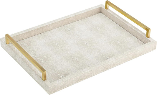 Ivory Shagreen Decorative Tray Large Rectangle Coffee Table Tray for Ottoman Faux Leather Serving Tray with Brushed Gold Handles