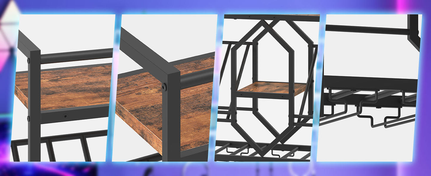 HOOBRO Wall Mounted Wine Rack with LED Light, 31.5" Wine Shelf, 3 Tier Wine Bottle Display Shelf with Glass Holder, Hanging Bar Liquor Storage Rack, for Kitchen, Bar, Rustic Brown and Black BF73DBJ01