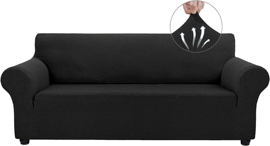Couch Covers for 3 Cushion Couch Sofa Pet Friendly, 3 Seater Sofa Cover Washable Slipcovers Protector Furniture Covers for Dogs Spandex Jacquard Fabric Small Checks(Large,Black)