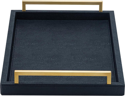 Ivory Shagreen Decorative Tray Large Rectangle Coffee Table Tray for Ottoman Faux Leather Serving Tray with Brushed Gold Handles