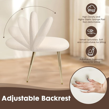 Vanity Chair with Adjustable Backrest, Boucle Upholstery Armless Makeup Stool, Cream White Sherpa Vanity Stool with Gold Metal Legs for Bedroom Living Room Kitchen Dinning Room (Gold and White)