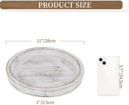 Candle Plate Holder Tray: Round White Wood Decorative Tray Decor - Rustic Farmhouse CoffeeTable Decor - Tealight Pillar Trays for Home Decor