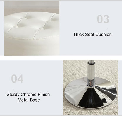 White Vanity Chair for Makeup Room Round Ottoman Tufted PU Leather Makeup Chair Vanity Stools for Bathroom Height Adjustable 360 Swivel