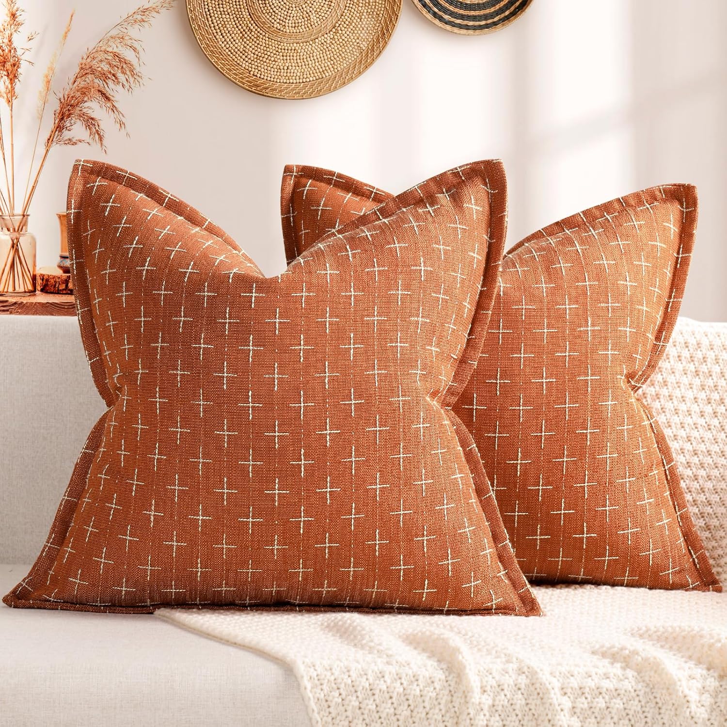 ZWJD Pillow Covers 18x18 Set of 2 Soft Polyester Textured Pillow Covers with Stylish Flange Edge Cozy Farmhouse Throw Pillows for Couch Bed Sofa Living Room