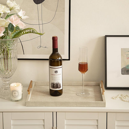 Modern Decorative Tray Set of 2 Ivory Shagreen Leather and Wood Serving Tray with Gold Polished Metal Handles for Ottoman, Coffee Table, Bathroom and More