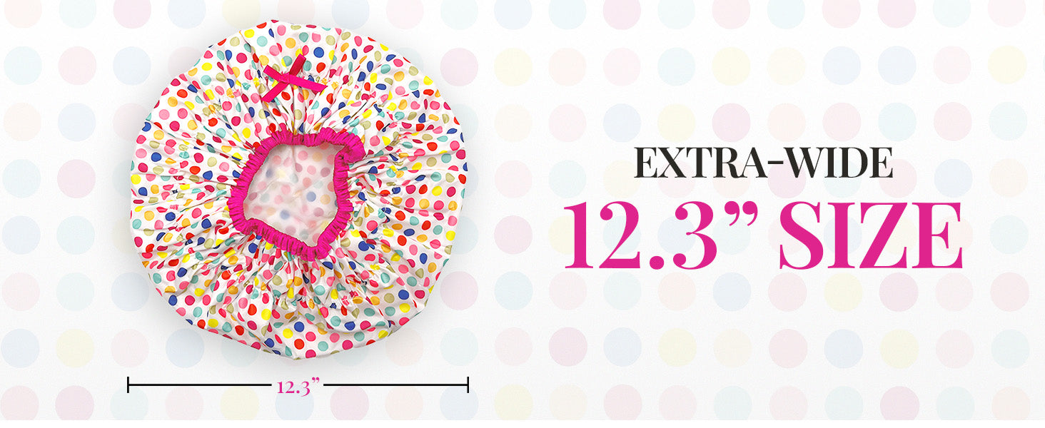 Reusable Bath & Shower Cap Lined, Oversized Waterproof Shower Caps Large Designed for all Hair Lengths with PEVA Lining & Elastic Band Stretch Hem Hair Hat - Fashionista Deco Dots