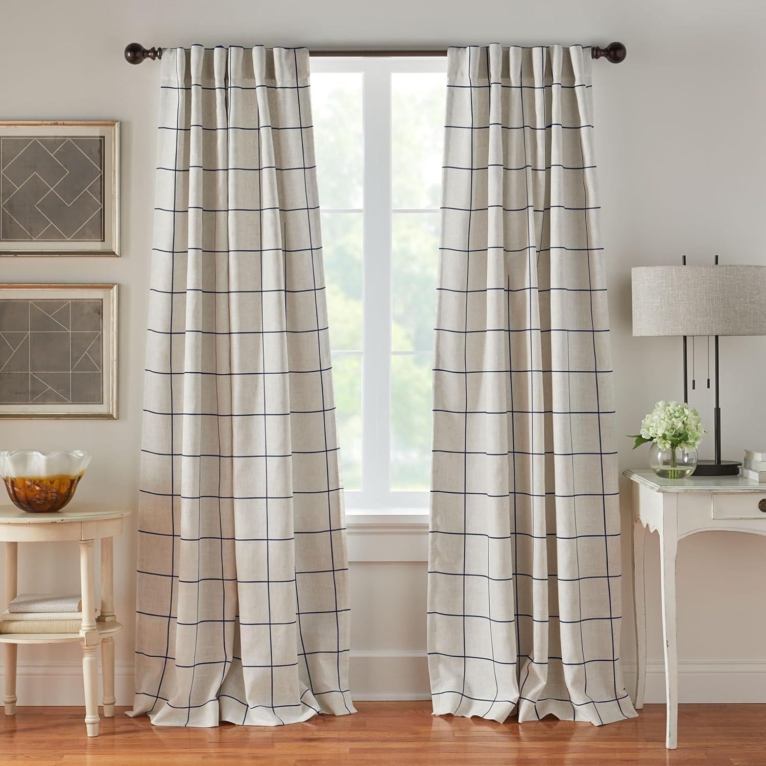 Fashions Brighton Windowpane Plaid Blackout Window Curtain, Living Room and Bedroom Drape with Rod Pocket Tabs, 52" x 84", Linen, 1 Panel