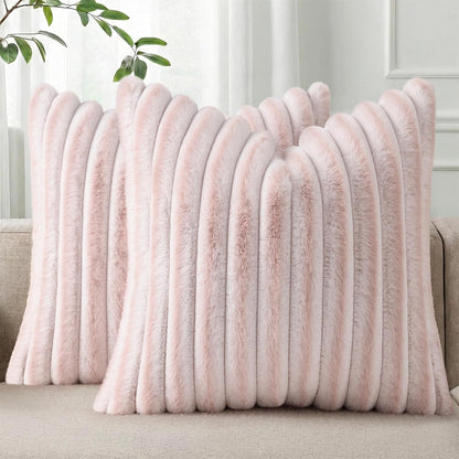 Pallene Faux Fur Plush Throw Pillow Covers 18x18 Set of 2, Luxury Soft Fluffy Striped Decorative Pillow Covers for Sofa, Couch, Living Room, Cream White