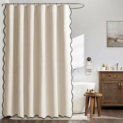 Beige Scalloped Shower Curtain Linen Textured with 12 Metal Hooks Cute Heavy Duty Washable Waterproof Neutral Thick Cloth Shower Curtains with Black Border for Bathroom Bathtub,W72*L72 Cream