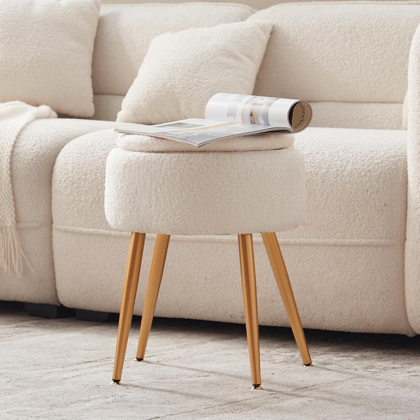 Small Vanity Stool Chair with Storage and Folding Back,4 Metal Legs with Anti-Slip Feet,Round Ottoman with Velvet Seat, Furry Padded Seat for Makeup, Bedroom (Black, Small)