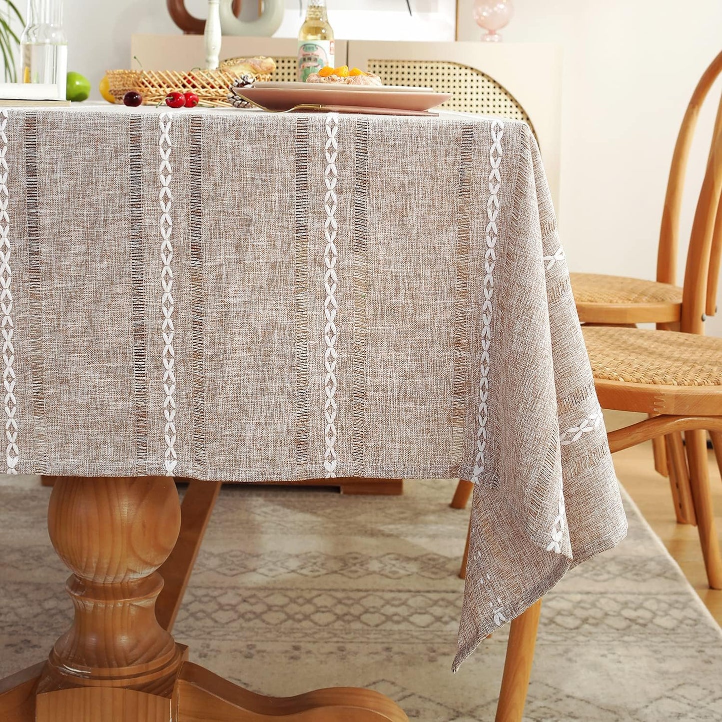 60 x 84 inches Farmhouse Style Linen tablecloths, Wrinkle Resistant Washable Dining Room Table Cloths for Rectangle Tables - Hemstitch Light Coffee