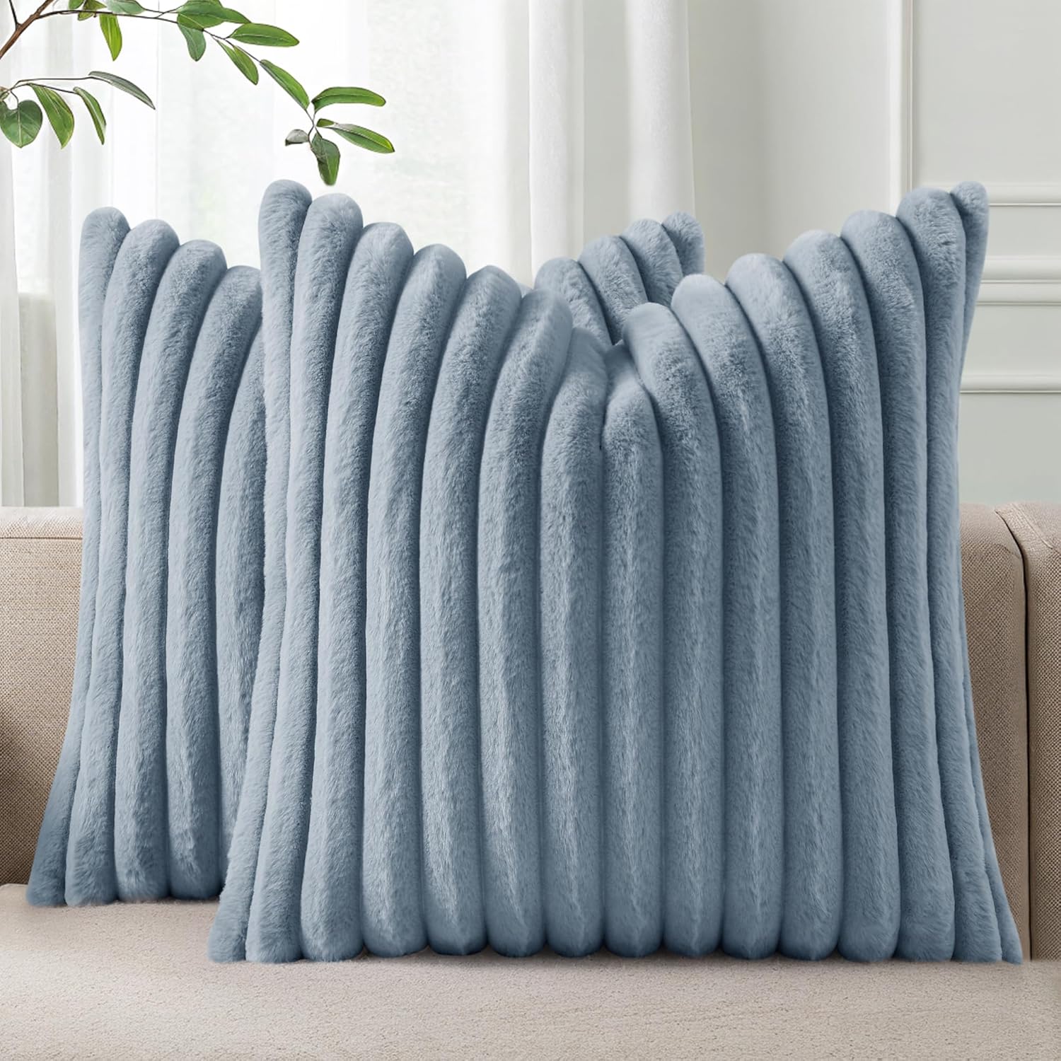 Pallene Faux Fur Plush Throw Pillow Covers 18x18 Set of 2, Luxury Soft Fluffy Striped Decorative Pillow Covers for Sofa, Couch, Living Room, Cream White