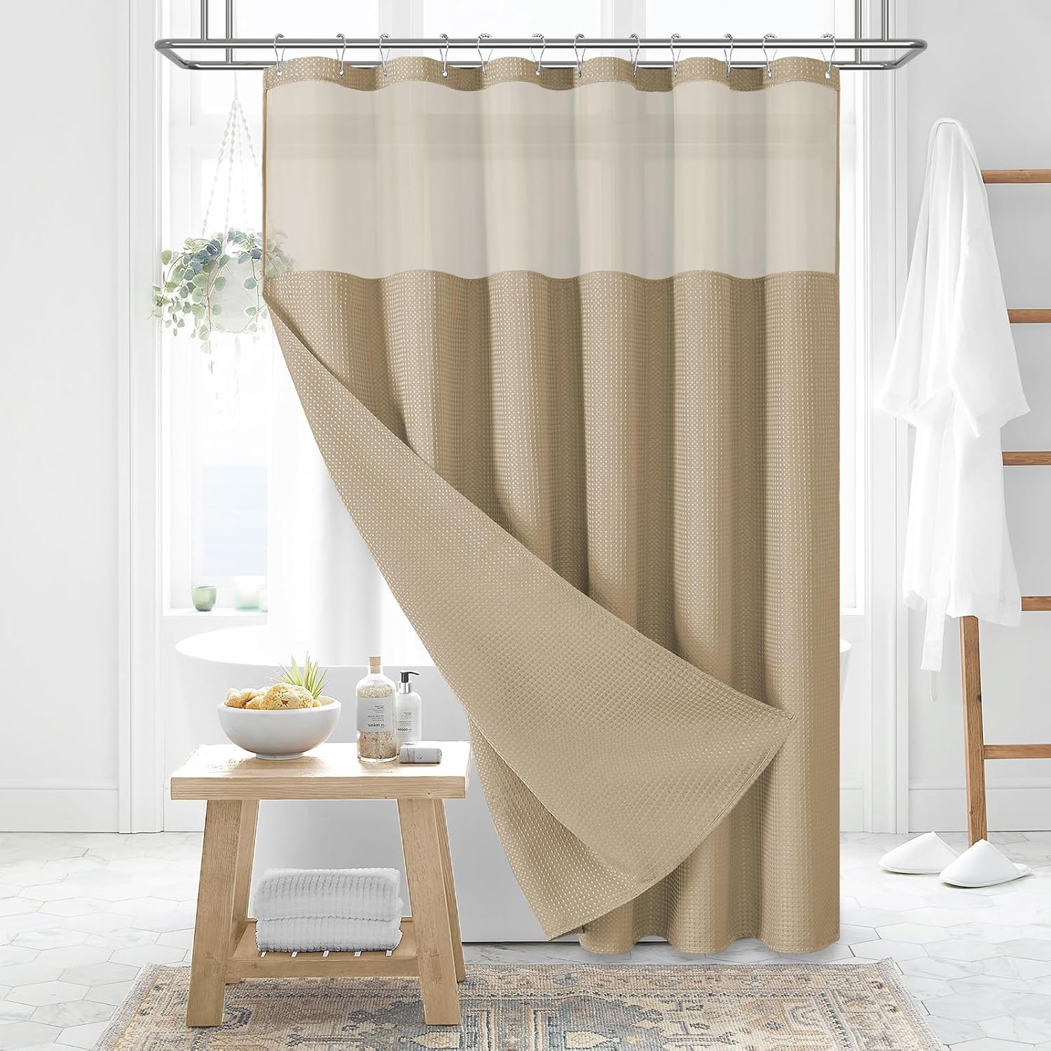 Dynamene Sage Green Shower Curtain - Waffle Textured Heavy Duty Thick Fabric Shower Curtains for Bathroom, 256GSM Luxury Weighted Polyester Cloth Bath Curtain Set with 12 Plastic Hooks，72Wx72H,Green