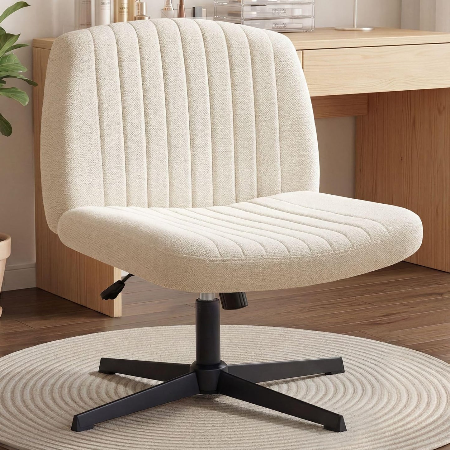 Chair Wheels Wide Cross Legged Office Desk Vanity Chair Comfy Fabric Armless Adjustable Swivel for Home Computer Task (Beige Wheel, Fabric)