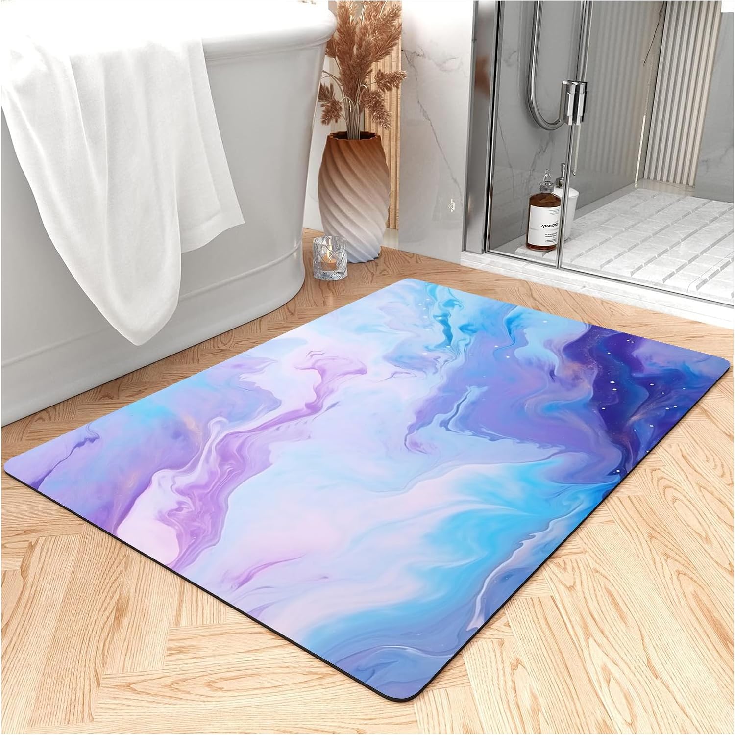 Thin Bath Mat, Diatomaceous Earth Shower Mat Non Slip Instantly Removes Water Drying Fast Bathroom Mat Modern Abstract Wave Marble Texture Easy to Clean (3x5ft/36x60in/90x150cm, Pink)