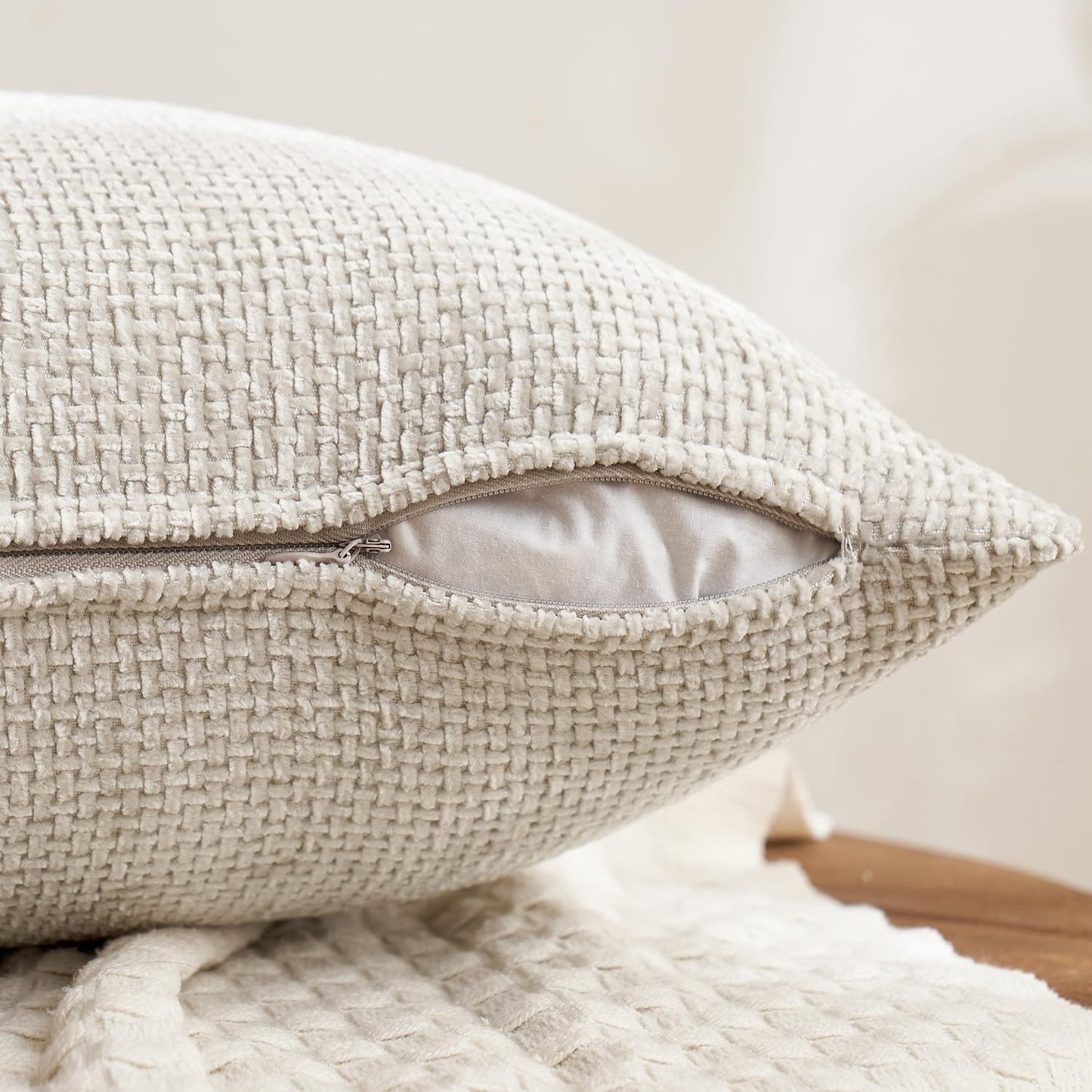 Pack of 4 Couch Throw Pillow Covers 18x18 Inch Neutral Soft Decorative Chenille Pillow Covers Farmhouse Boho Cushion Covers for Mid Century Modern Spring Home Decor Sofa Bedroom Living Room