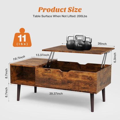 Sweetcrispy Lift Top Coffee Tables for Living Room, Small Rising Wooden Center Tables with Storage Shelf and Hidden Compartment, Brown | Lift Top, Coffee Tables, for Living Room, Rising, Dining Center Tables, with Storage Shelf