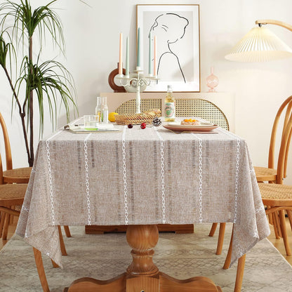 60 x 84 inches Farmhouse Style Linen tablecloths, Wrinkle Resistant Washable Dining Room Table Cloths for Rectangle Tables - Hemstitch Light Coffee