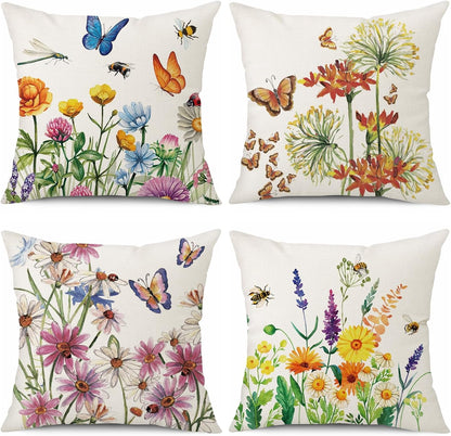 wyooxoo Throw Pillow Covers 18x18 Set of 4 Decorative Spring Pillow Covers Linen Flower Butterfly Farmhouse Pillowcases for Sofa Couch Living Room Outdoor