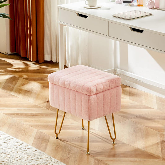 Vanity Stool Chair with Storage, 18.9”H x 16”L x 12.2”W Ottoman Chair Faux Fur Soft Padded Makeup Footstools Seat with 4 Metal Legs Anti-Slip Adjustable Feet for Make Up, Pink