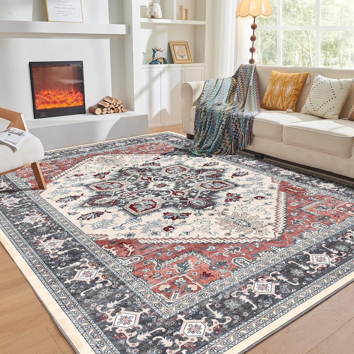 Soft Area Rugs 5x7, 5x7 Washable Rug with Non Slip Backing, 5 x 7 Faux Cashmere Low-Pile Carpet, Navy Blue & Gold
