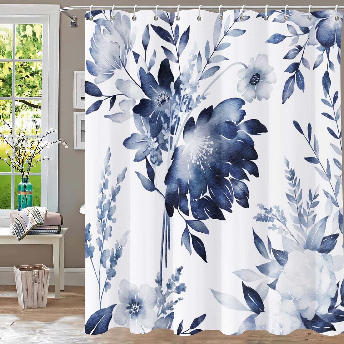 Shower Curtain Blue Eucalyptus Shower Curtains for Bathroom, Watercolor Leaf Shower Curtain Sets Waterproof Plant Shower Curtain Leaves Fabric Cloth Bathroom Curtains 72x72 inch with Hooks