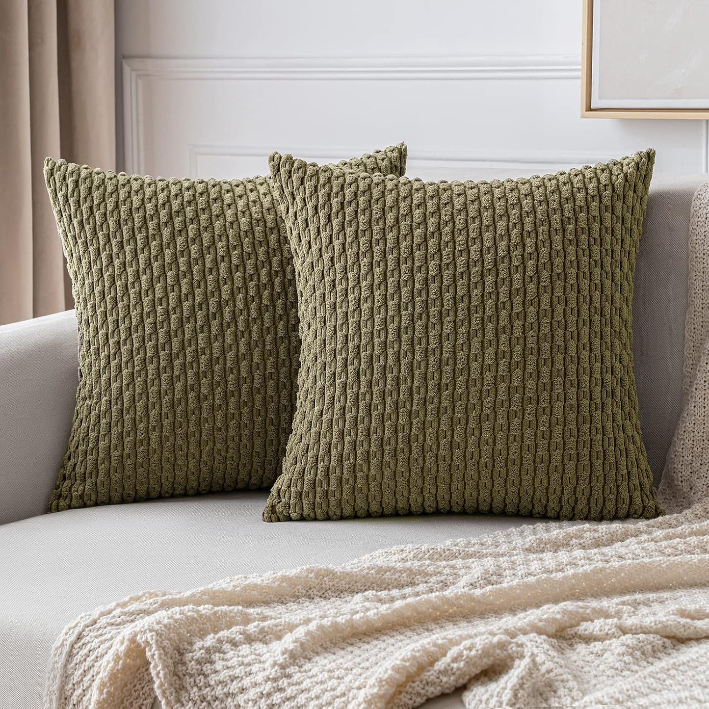 MIULEE Pack of 2 Decorative Throw Pillow Covers 18x18 Inch Soft Boho Striped Textured Corduroy Pillow Covers Spring Modern Farmhouse Home Decor for Couch Bed Sofa Living Room Sage Green
