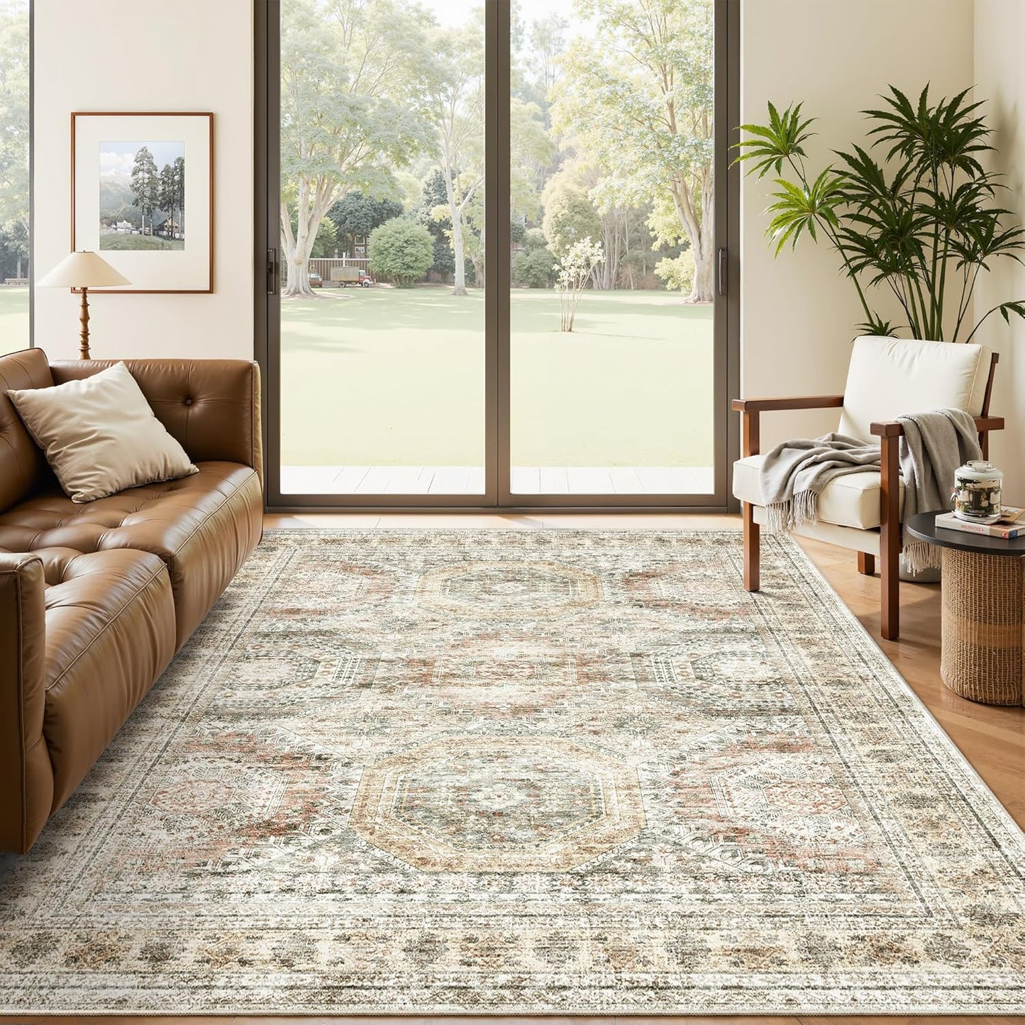 Soalmost Washable Area Rug 8x10, Large Soft Rugs for Living Room Vintage Beige Carpet 8x10 Area Rugs for Bedroom Dining Room Non-Slip Stain Resistant Under Table Rug